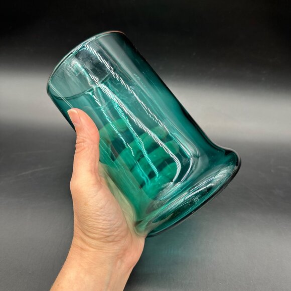 Vintage Hand Blown Teal Glass Vase Candle Holder Cadmium Glow Handmade Art Green - Picture 9 of 11